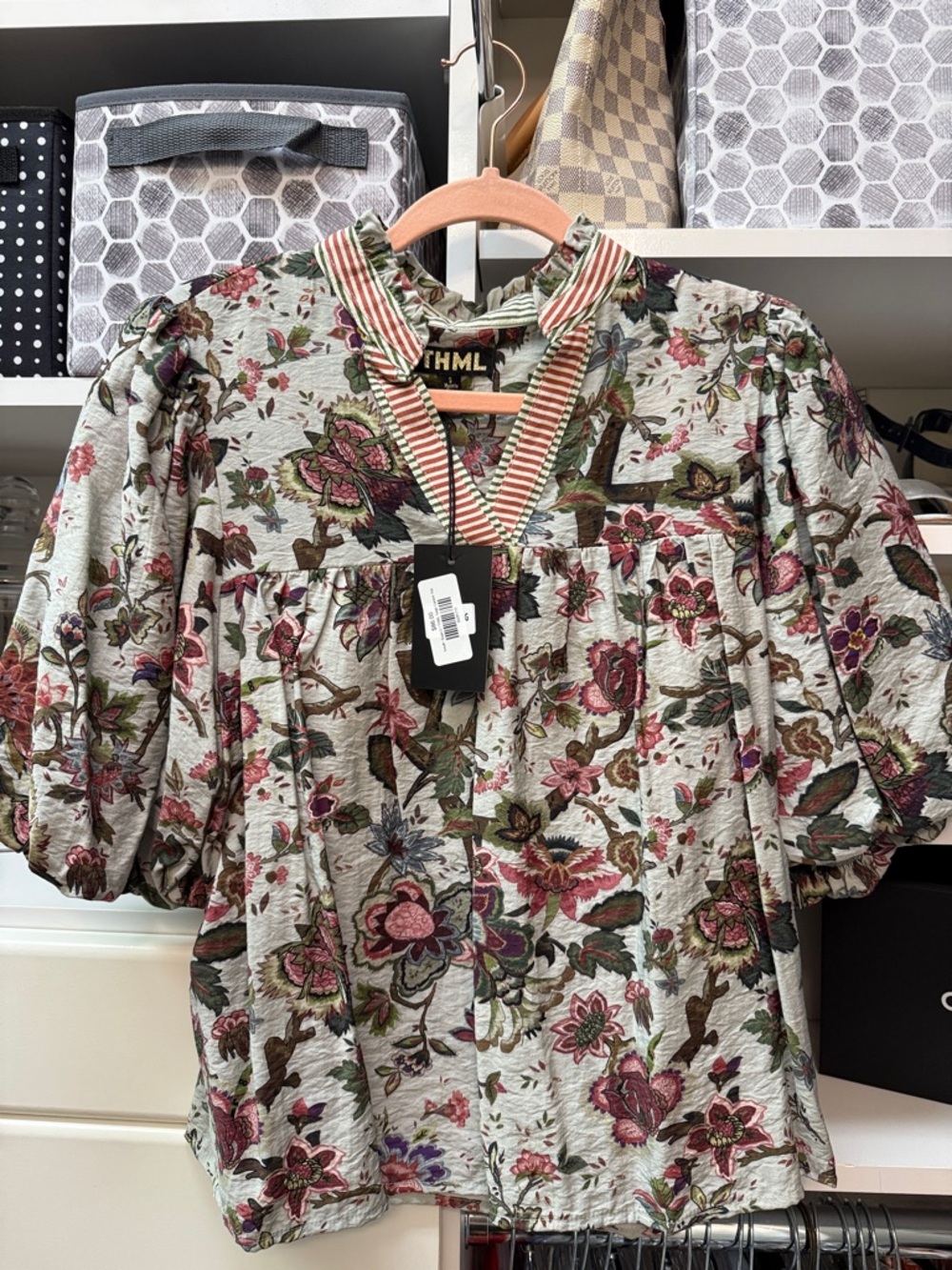 THML Floral Puff-Sleeve Peasant Blouse in Sage, Pink and Brown
